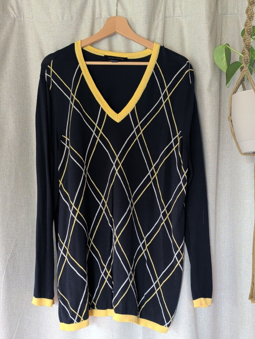 Tommy Hilfiger Black V-Neck Sweater with Yellow & White Argyle Detail